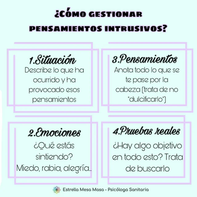Hoy os comparto una herramienta para gestionar pensamientos intrusivos, pero ¿qué es un pensamiento intrusivo?  Los pensamientos intrusivos 🧠 son pensamientos no deseados, que aparecen de manera involuntaria y generan mucho malestar llegando a convertirse en una obsesión por la excesiva preocupación que generan.  En este caso, ¿nos acostumbramos a tenerlos o hacemos algo para gestionarlos? Aquí os dejo una herramienta usada en consulta pero ¡OJO! 👀 esto NO sustituye a una terapia, en caso de que necesites ayuda para gestionar esos pensamientos busca que un profesional que te ayude y te guíe en esos pensamientos y otras muchas cosas que pueda haber de base en esos pensamientos (ansiedad, estado de alerta, estrés, baja autoestima…).  Os pongo un ejemplo:  1. Situación ✍️: mi amiga hace días que no me responde mis mensajes.  2. Pensamientos 💭: Está enfadada conmigo, seguramente no le gustó lo que le dije el otro día, ¿fui brusca al darle mi opinión?, no quiere saber de mi y por eso no me responde…  3. Emociones 💔: miedo, angustia, enfado…  4. Pruebas reales: el otro día me comentó que tenía que salir de viaje por trabajo, últimamente tarda en responder porque está agobiada con su trabajo, quizás no haya visto el mensaje, lo mismo ha visto mi mensaje y se le ha pasado responderme…  ¿Pruebas tú esta técnicas? Te leo 👀